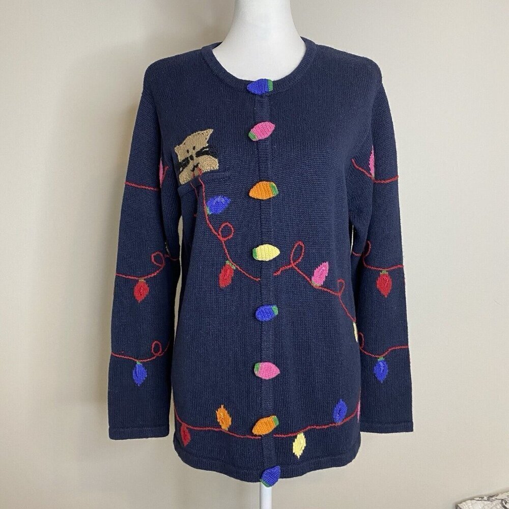 Vintage Quacker Factory Cat Holiday Christmas Light Sweater Cardigan Blue Medium